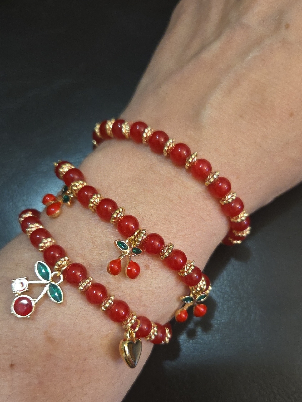 Red Cherry Charm Bracelet Set w Gold Heart 3 Piece Set, 7 Inch Wrist Adjustable